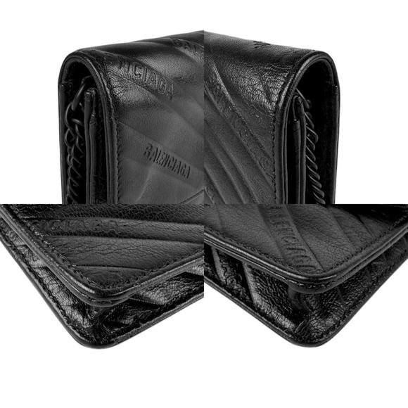 BALENCIAGA Black Leather Wallet Chain Shoulder Bag Metal Z4004 - Picture 4 of 5